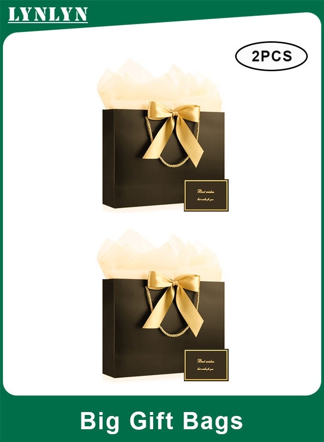 LYNLYN 2PCS Big Gift Bags with Handles and Bow Ribbon, Reusable Paper Gift Bags Set with Tissue Paper and Cards for Birthday, Wedding, Mother’s Day and Special Occasions (32×25×11cm, Black) - Image 1